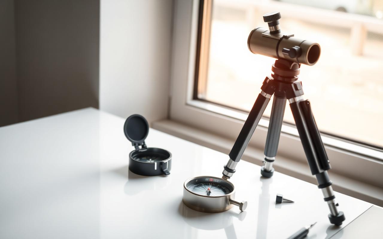 Compass and telescope on a desk — symbolizing direction and vision